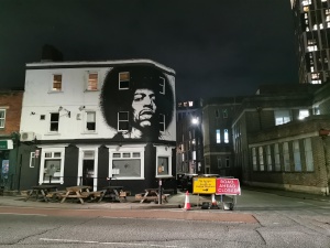 Graffiti: Jimmy Hendrix on the wall of the Bridge Inn.